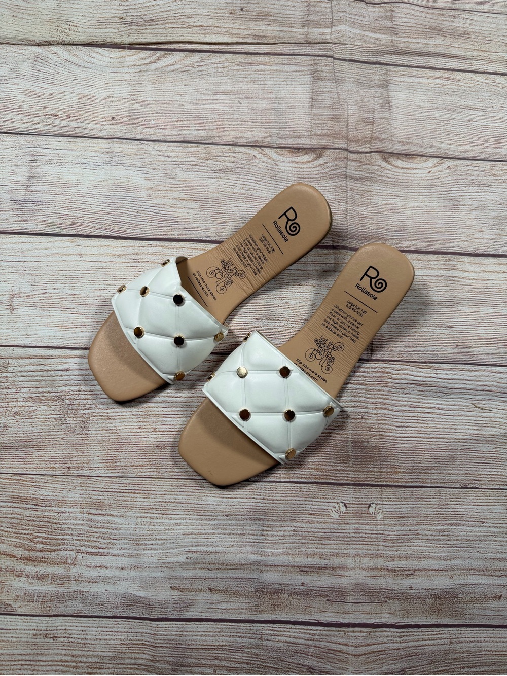 Rollasole‎ White Quilted Slide Sandals with Gold Studs